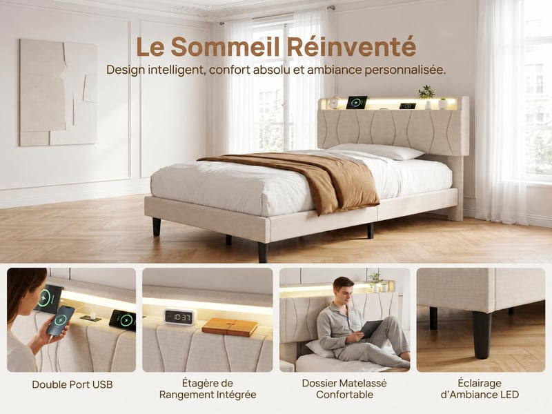 Lit simple 90×200 – lit adulte – tête à tablette – éclairage led rgb – ports usb et type‑c – sommier à lattes – lin beige - Conforama E