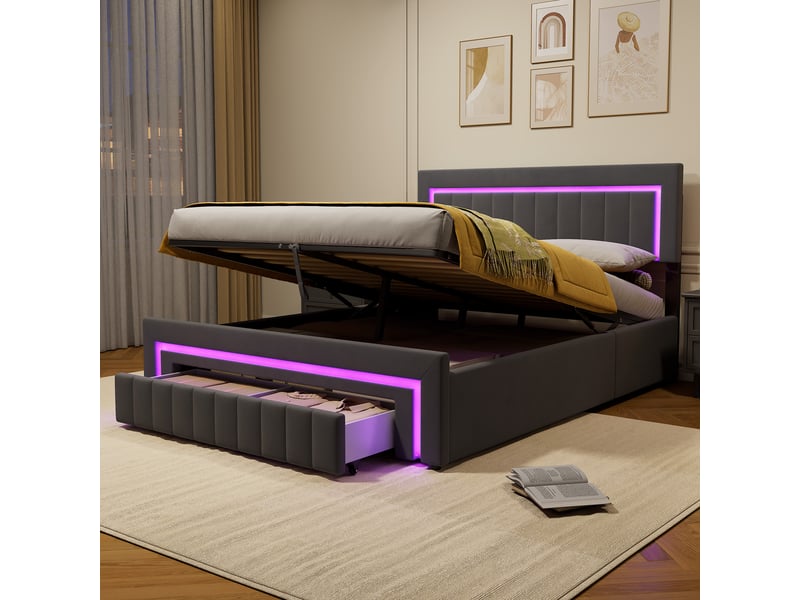  Lit coffre 2 places 160x200 cm avec 2 tiroirs et led, en velours gris  - Conforama D