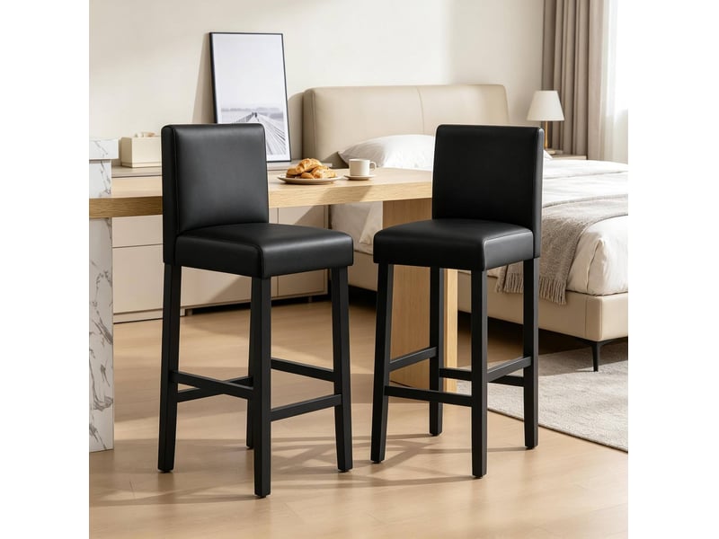  Tabouret de bar lot de 2 avec dossier ergonomique et repose-pieds en similicuir, bois, noir  - Conforama B