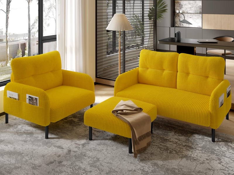  Ensemble 3 pièces velours jaune – canapé 2 places et 3 places + pouf – coussins inclus – poches latérales – idéal pour salon, bureau et chambre  - Conforama B