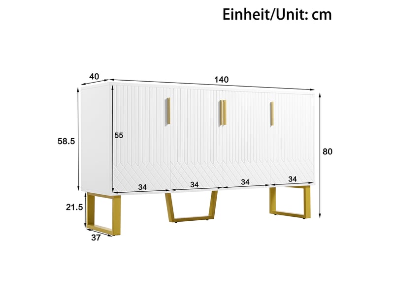 Buffet 4 portes à fermeture douce avec rangement pour séjour en mdf 140×40×80 cm blanc brillant - Conforama E