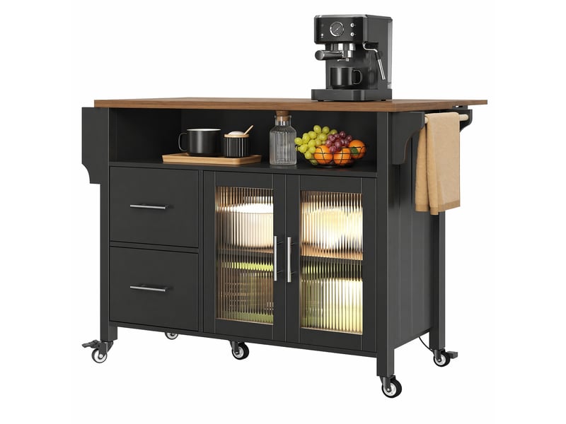 Îlot de cuisine roulant avec plateau rabattable, led et rangements - lpospi - portes en verre, mdf noir 139 × 40 × 94 cm - Conforama A