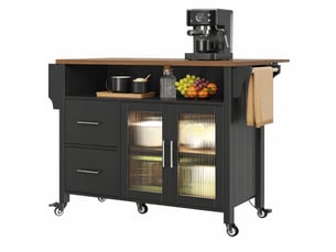 Îlot de cuisine roulant avec plateau rabattable, led et rangements - portes en verre, mdf noir 139 × 40 × 94 cm