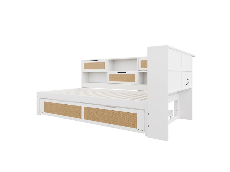  Lit banquette 90x200 cm avec lit gigogne 90x190, rangements et ports usb, blanc  - Conforama C