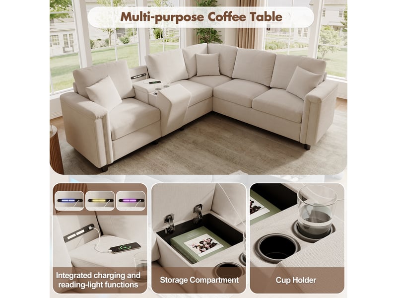  Canapé d'angle en l 5 places 235 x 208 x 83 cm, console de rangement, porte-gobelets, liseuse, ports usb et usb-c, chenille, beige ABC - Conforama D
