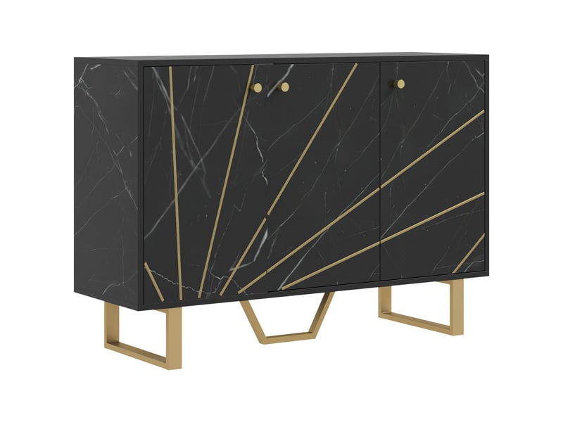  Meuble de rangement buffet salon avec 2 placards 3 portes et étagère réglable, aspect marbre noir, pieds en métal  - Conforama B
