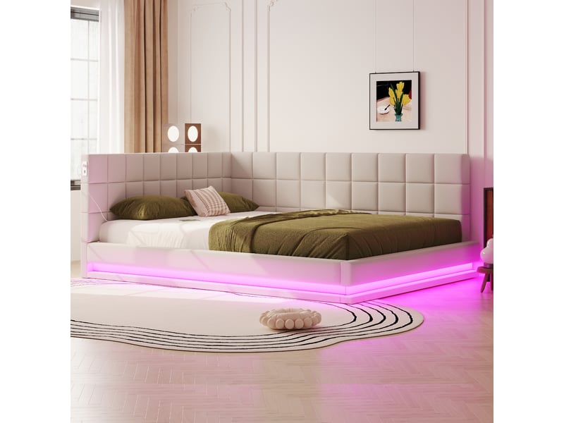 Lit banquette enfant 160 x 200 cm avec led, usb et sommier à lattes, lin, beige Fay Lum - Conforama B