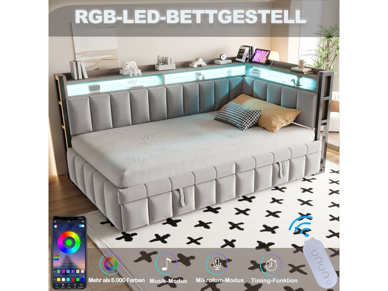  Lit banquette - 90x200 cm - éclairage led - usb et usb-c - sommier à lattes - velours - lit gigogne - gain de place - gris clair CozyNest - Conforama E