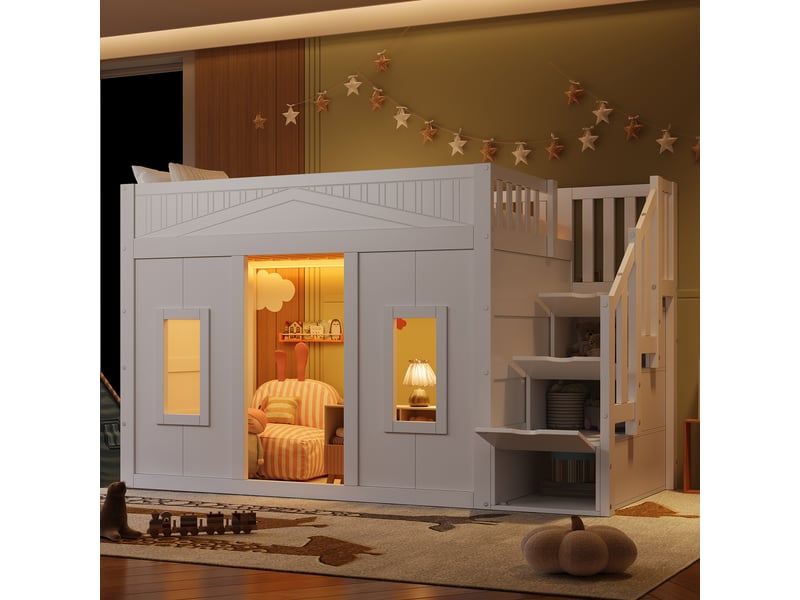 Lit mezzanine - 90x200 cm - escalier avec rangement - rangements intégrés - lit enfant - solution gain de place - pratique - blanc CozyNest - Conforama B