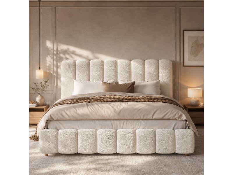  Lit double capitonné 180 x 200 cm - tête de lit et sommier à lattes capitonnés - pieds en bois massif - tissu bouclé blanc (sans matelas)  - Conforama E