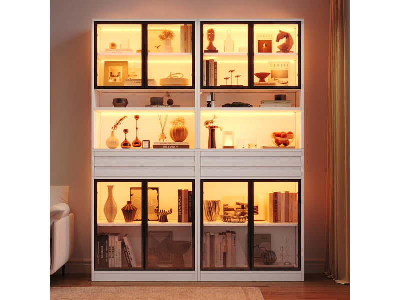  Vitrine blanche mdf 160x35x200 cm, meuble de rangement salon avec 8 portes verre et 2 tiroirs pour collections  - Conforama R