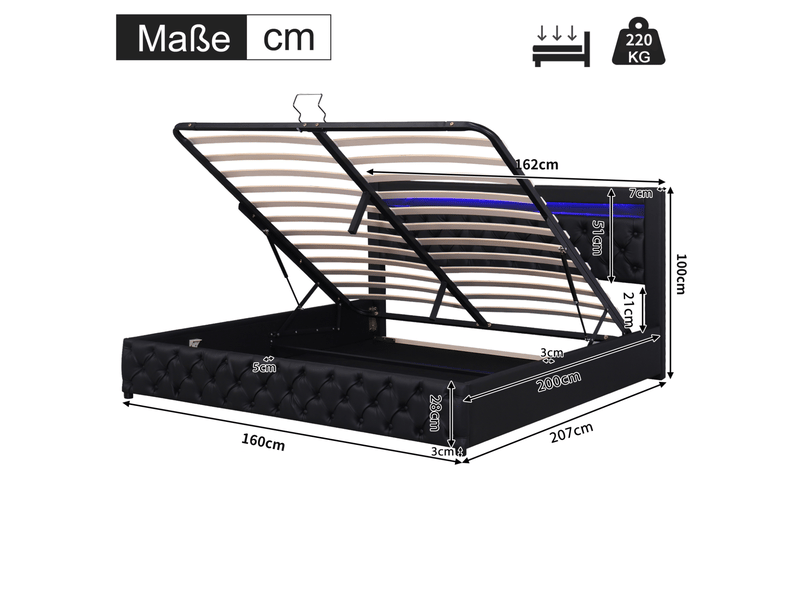  Lit coffre 160x200 cm avec sommier à lattes, led, tête de lit, pu noir  - Conforama C
