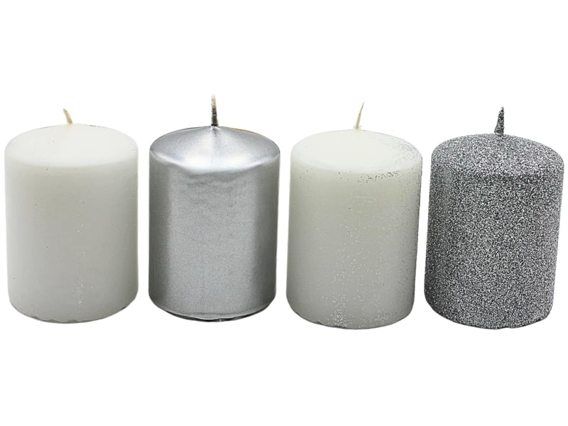 Lot de 4 bougies piliers, pour couronne de l'avent, bougies de table, en bloc - argentéblanc - 5 x 5 x 7 cm (l x l x h) - Conforama A