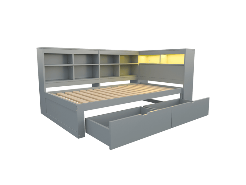  Lit multifonctionnel 90x200 cm avec rangements, usb et led, bois, gris sans matelas  - Conforama A