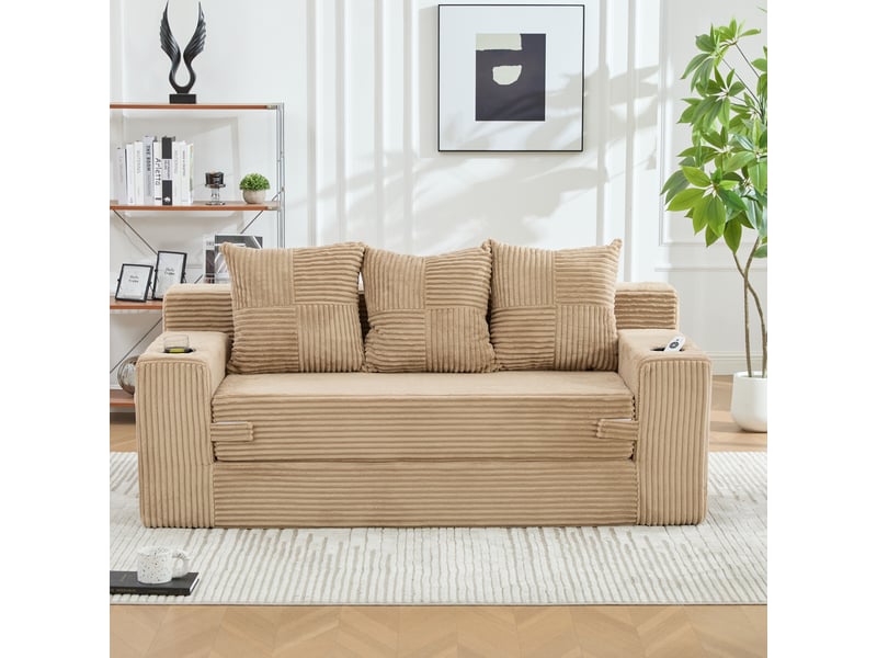  Canapé modulable 3 places modenvie en velours côtelé kaki avec porte-gobelets et poches latérales  - Conforama D