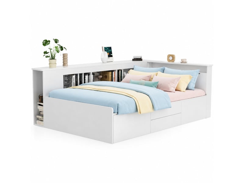 Lit enfant 200×90 cm avec 4 tiroirs, rangements intégrés, bibliothèque et placards, sans matelas, en mdf blanc - Conforama A