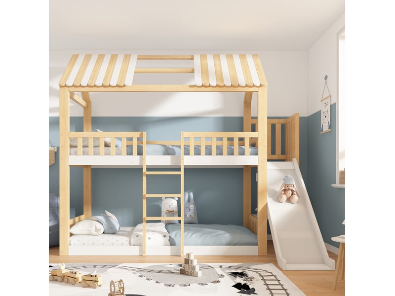  Modenvie lit superposé cabane enfant 90x200 cm - avec étagère et toboggan, sans matelas - bicolore  - Conforama D