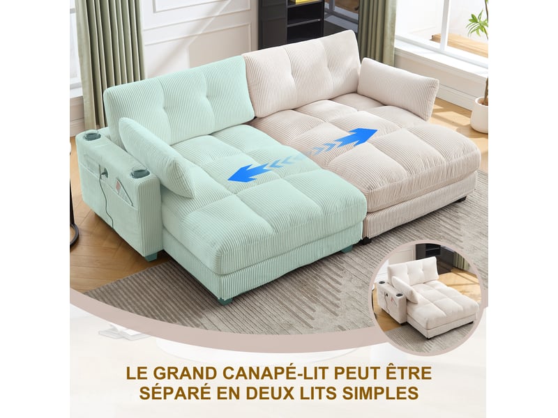  Canapé modulable 2 places en velours côtelé beige 224x140x81 cm, séparable, usb, porte-gobelets, coussins 224x140x81cm - Conforama D