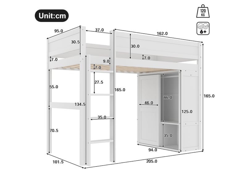  Lit mezzanine enfant 90 x 200 cm blanc avec armoire et rangement  - Conforama E