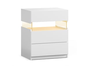 Table de chevet moderne avec LED RGB et 3 tiroirs – Meuble de nuit blanc avec panneau acrylique transparent et télécommande – Bout de canapé contemporain pour chambre et salon