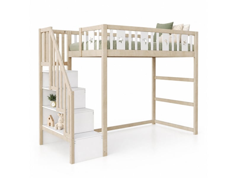 Lit mezzanine enfant 90x200 cm – blanc et naturel – escalier de rangement et étagères intégrées, sans matelas - Conforama A