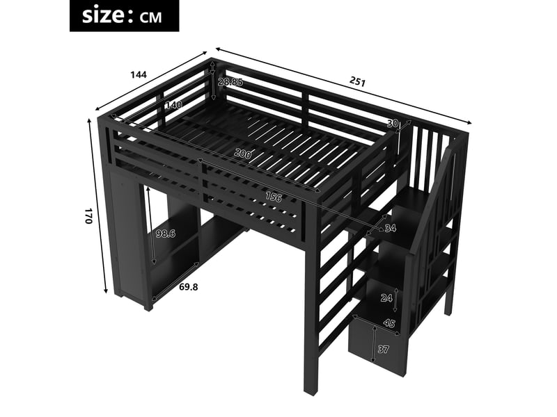  Lit mezzanine gaming 140x200cm avec bureau, dressing ouvert, escalier avec rangements, led et prises usb, métal noir evarich - Conforama C