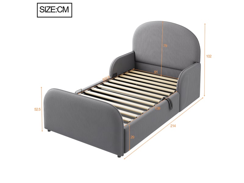  Lit enfant 90x200 cm avec coffre hydraulique, sommier à lattes et barrières gris  - Conforama C