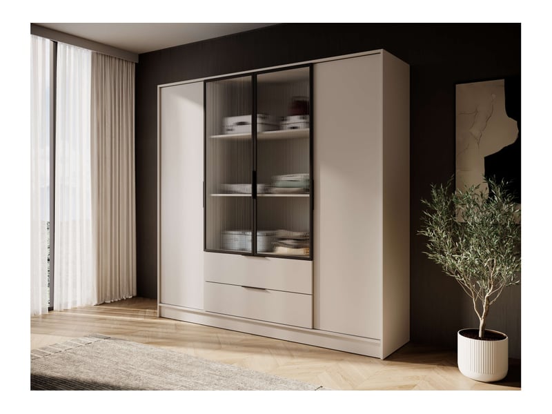  Armoire mirage 2 tiroirs 4 portes vitrées avec penderie en bois et verre- beige MIRAGE - Conforama B