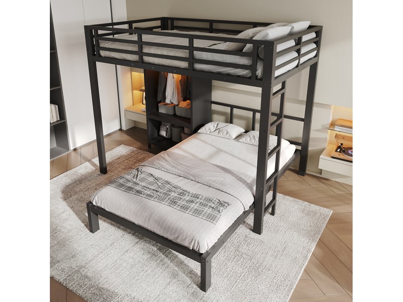  Lit superposé 120x200 cm avec armoire intégrée et led noir  - Conforama D