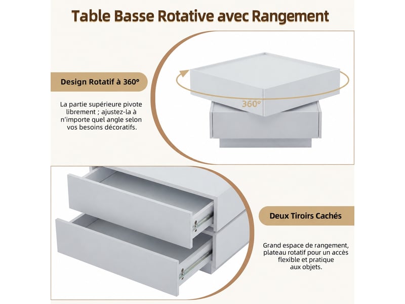  Table basse rotative blanche 60x60x38 cm, table de salon 360° avec plateau pivotant, 2 tiroirs et rangement  - Conforama D