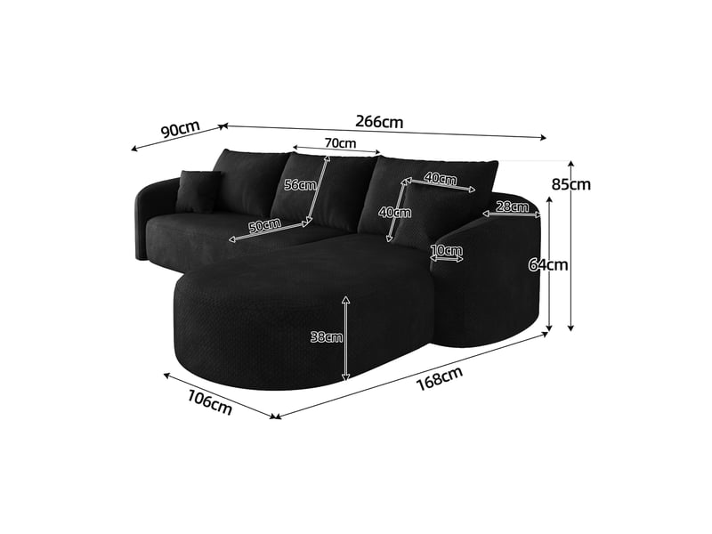  Canapé d’angle droit en l 4 places 266x168x85 cm, modulable sans structure en mousse compressée, sans montage, salon chambre, chenille, noir Sol Morn - Conforama C