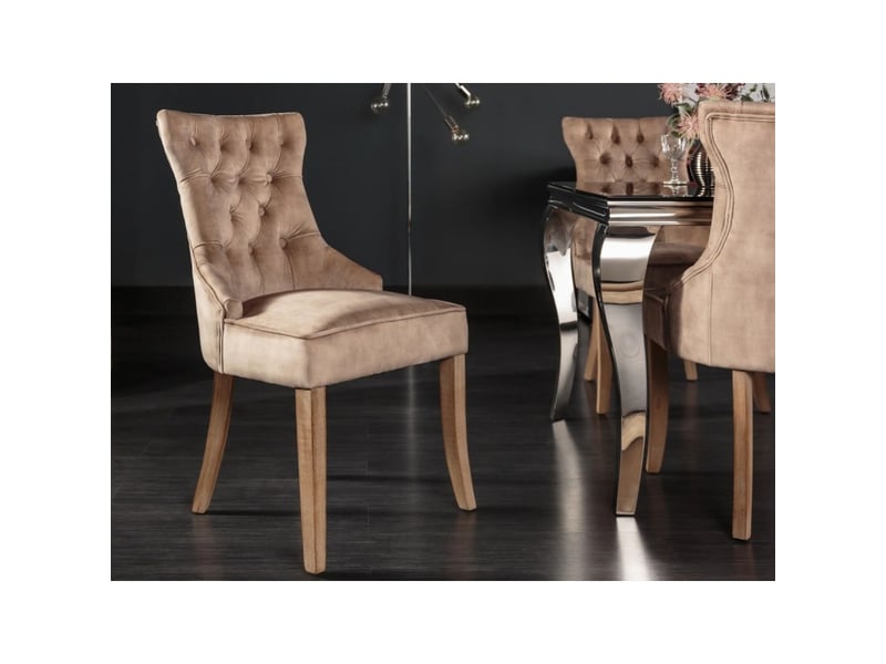  Lot de 2 chaises regina cappuccino en velours capitonné – anneau argenté et pieds en bois clair  - Conforama D