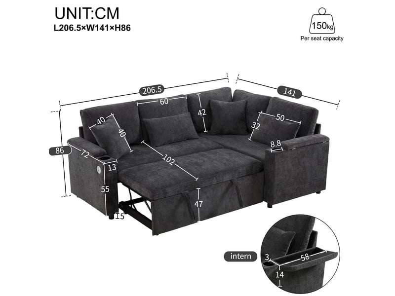  Canapé d'angle convertible 206,5 x 141 cm – gris foncé – rangement, usb, porte-gobelets et 4 coussins  - Conforama C