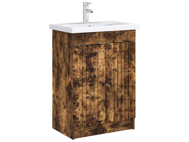  Armoire sous évier de salle de bain, meuble de rangement chêne fumé shl7428  - Conforama C