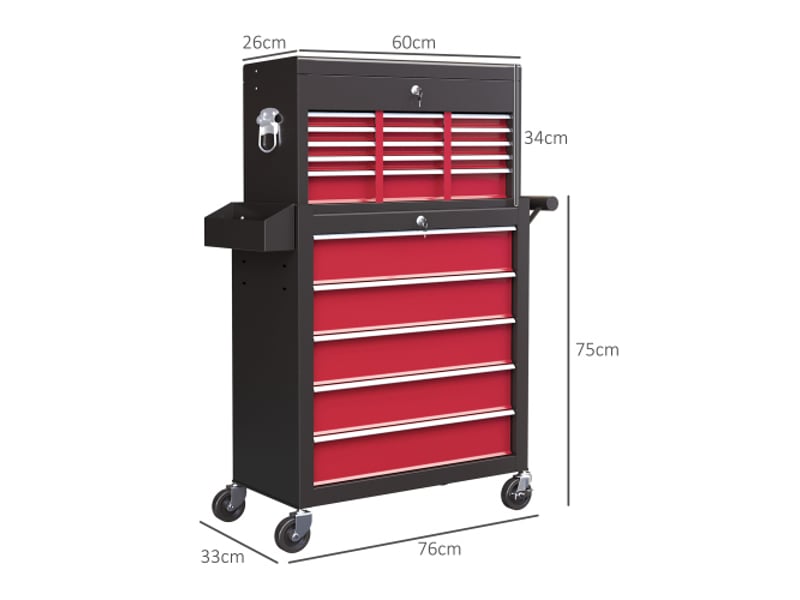  Chariot d'atelier rouge avec roulettes, 14 tiroirs verrouillables, panneau perforé latéral, tapis eva, servante mobile pour outils  - Conforama E