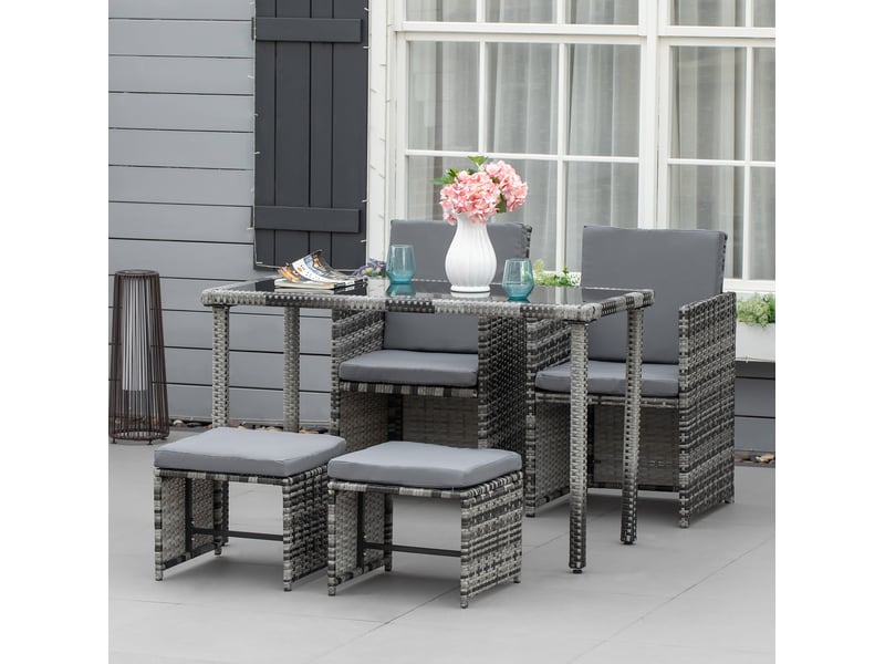  Salon de jardin 4 places en métal et résine tressée grise, avec table en verre, coussins, pour terrasse  - Conforama B