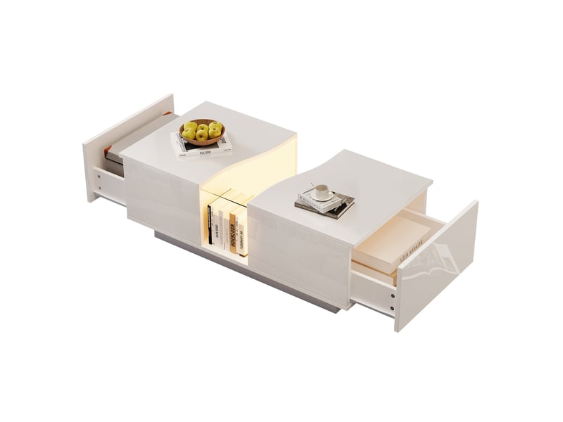  Table basse moderne 100x50x35 cm avec 2 tiroirs, rangement et led, plateau en acrylique, pour salon, mdf blanc laqué  - Conforama A