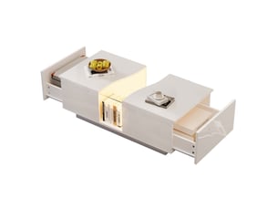 Table basse moderne 100x50x35 cm avec 2 tiroirs, rangement et led, plateau en acrylique, pour salon, mdf blanc laqué