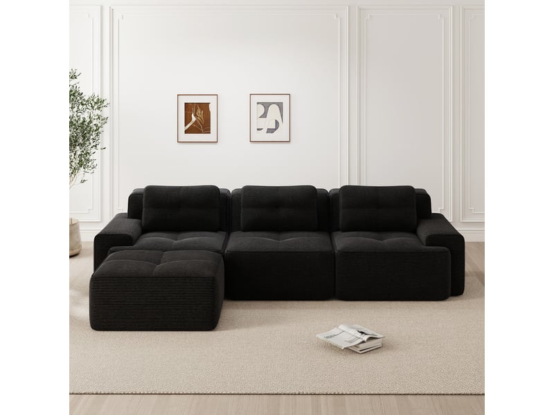  Canapé modulable d’angle 3 places avec ottomane en velours côtelé noir, sans montage  - Conforama D
