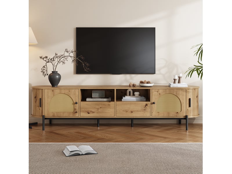  Meuble tv ovale avec 2 portes, 2 tiroirs, niches ouvertes et passe-câbles pour salon, en mdf naturel 200 × 40 × 49,5 cm  - Conforama D