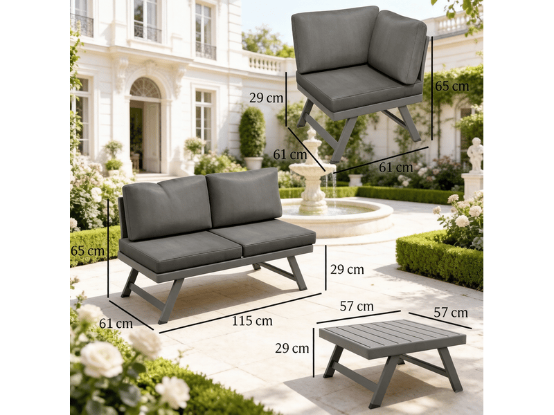 Salon de jardin d’angle 5 places avec dossiers inclinables, table basse, gris - Conforama C