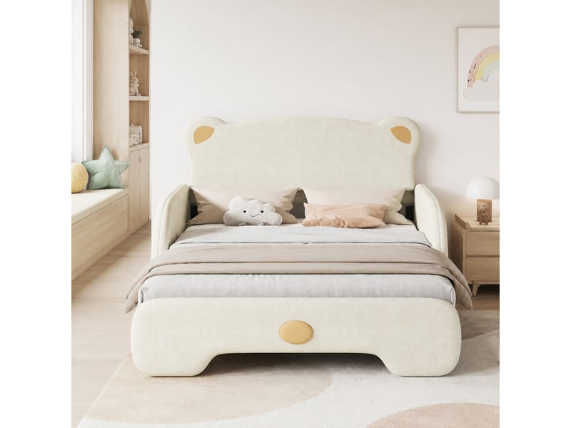  Lit enfant extensible en forme d’ours 140x200 cm avec lattes en bois, beige  - Conforama B