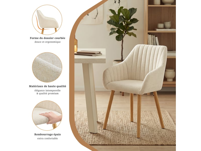 Ensemble table et 6 chaises - table rectangulaire 160x80 cm monobloc en travertin et pieds métal, 6 chaises en chenille crème et pieds bois - Conforama R