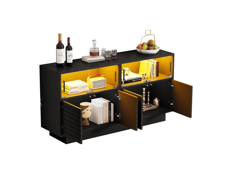 Buffet 4 portes vitrées coulissantes led pour salon en panneaux de particules 130×35×68 cm noir - Conforama A