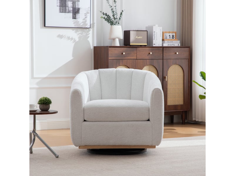  Fauteuil crapaud pivotant 360° 81x73x75.5cm – fauteuil tonneau design citrouille avec base en métal – tissu de chenille - ivoire  - Conforama D
