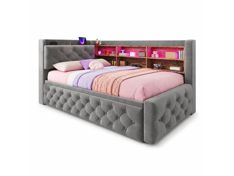  Lit extensible, 90x190 cm, doté d’un espace de rangement, led, usb et type c, matelas non inclus, tissu, coloris gris  - Conforama A