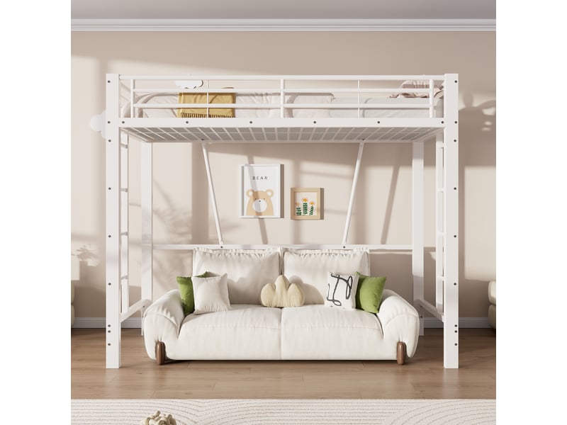  Lit mezzanine 90x200 cm avec cadre métallique, accès double échelle et zone libre sous couchage, vendu sans matelas, métal, blanc OMNIGLINT TRADING LTD - Conforama D