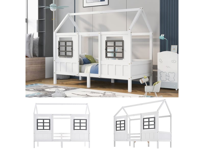  Lit cabane enfant 90x200cm - blanc pin 2 fenêtres grises - lit enfant - design maison barrière sécurité - sommier inclus  - Conforama E