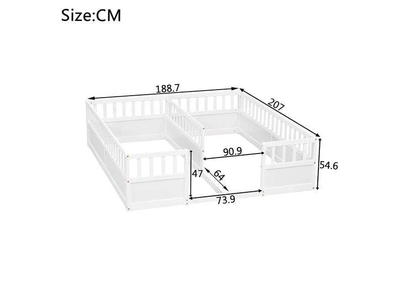 Lit au sol enfant double 90 × 200 cm en bois de pin avec barrières de sécurité semi-fermées - blanc - Conforama C