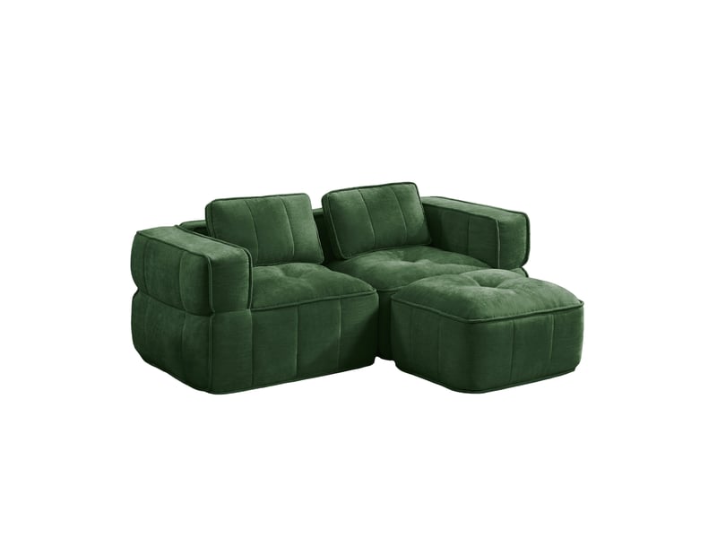  Canapé d'angle modulaire 2 places avec pouf, assise profonde et base antidérapante en polyester vert  - Conforama A
